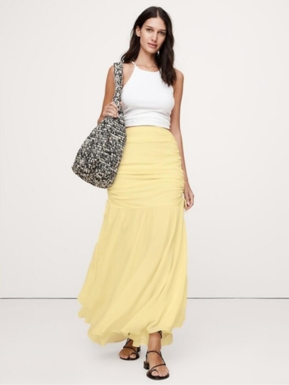 NWOT Banana Republic Ruched Drop-Waist Chiffon Skirt Calm Yellow 6p